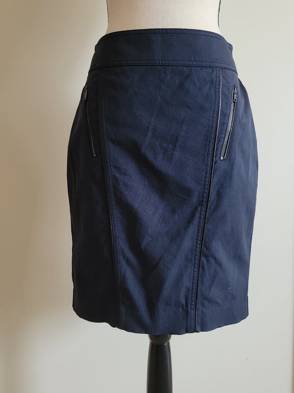 Ann Taylor Navy Blue Pencil Skirt 4 Faux Leather Trim Exposed Zipper Work Office